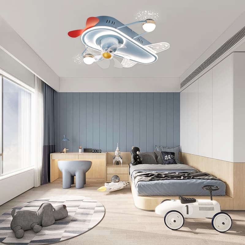 26In Cartoon Aircraft Flush Mount Ceiling Fan, 6-Speed Dimmable Light with Remote and APP Control for Kids Room
