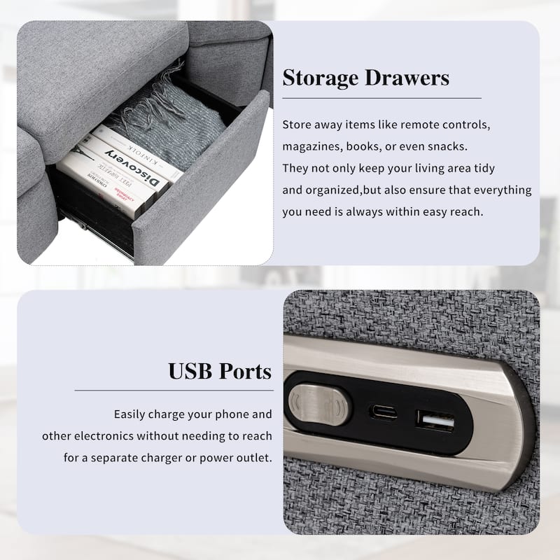 88.9" Linen Power Recliner Sectional 5-Seat Sofa with USB Ports and Storage Drawers