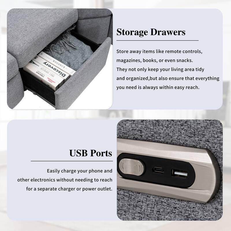 88.9" Linen Power Recliner Sectional Sofa with Storage Drawers