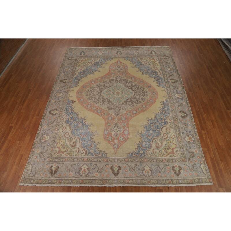 Medallion Tabriz Persian Vintage Rug Handmade Wool Carpet - 9'5" x 12'2"