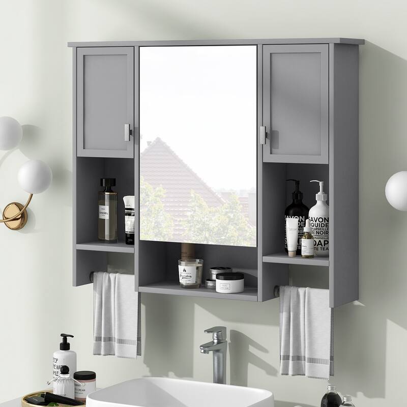 GDFStudio - Auburn Modern Wall-Mounted Bathroom Storage Cabinet with Mirror and Towels Bar - 35'' x 28'' - Grey