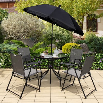 6 Pieces Patio Dining Set Folding Chairs Glass Table Tilt Umbrella