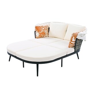 4 Piece Outdoor Daybed, PE Rattan Patio Daybed, Patio Sofa Set With Retractable Canopy, Cushions And Lifting Table, Patio Bed Furniture For Garden