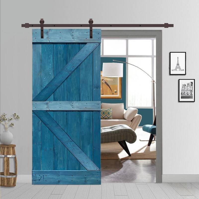 CALHOME K Series Stained Wood Sliding Barn Door with Hardware Kit - Ocean Blue - 42 x 84