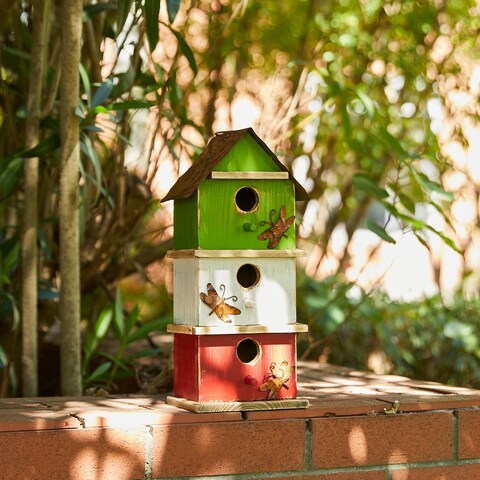 Glitzhome 13.75"H Multicolored 3-Tiered Distressed Solid Wood Birdhouse - 13.75"