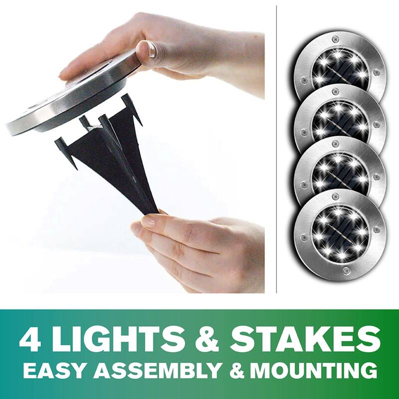 Bell + Howell LED Solar Powered Disk Lights Auto On/Off, Weather-Resistant, 4-Pack with Stakes - Silver