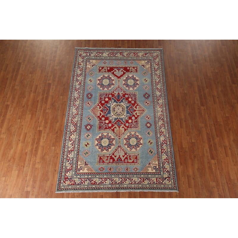 Blue Geometric Kazak Area Rug Handmade Oriental Wool Carpet - 6'0" x 9'8"