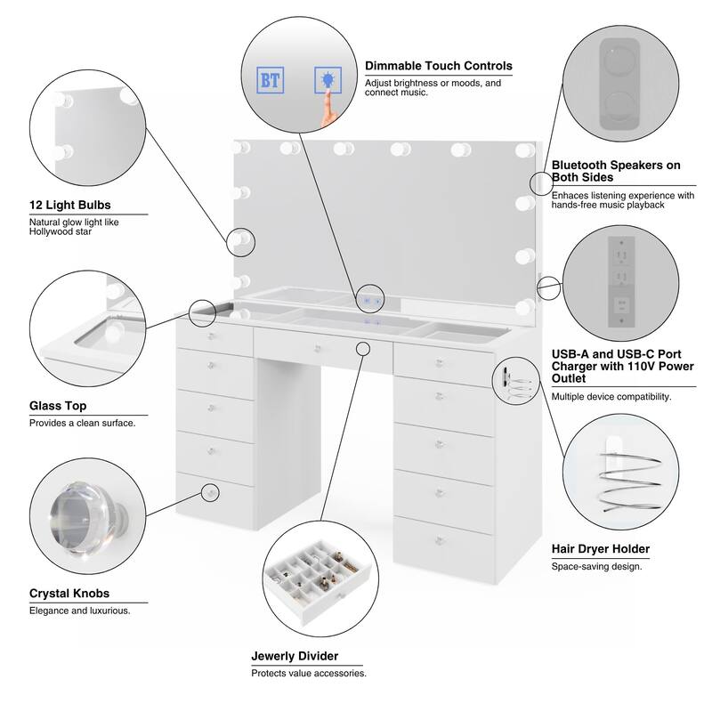 Boahaus Elle Makeup Vanity with Bluetooth Speaker, 12 Lights, and 11 Drawers