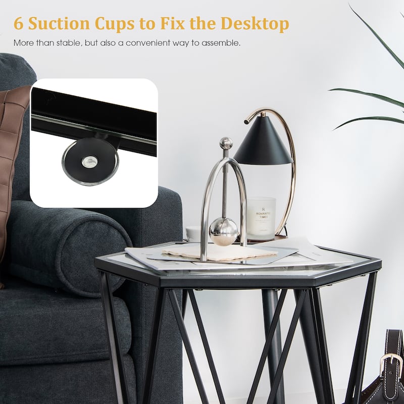 Costway End Table Tempered Glass Top Metal Frame Hexagonal Accent Side - 16''x 13.5''x 24''