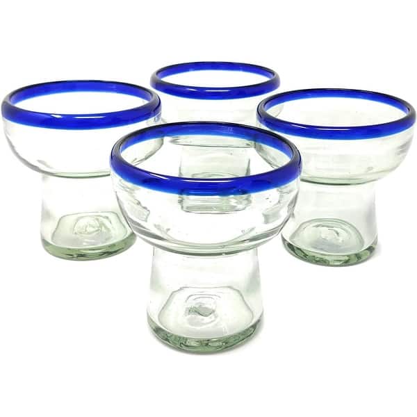 slide 2 of 9, Dos Sueños Mexican Hand Blown Glass – Set of 4 Hand Blown Stemless Blue Rim Margarita Glasses (14oz) Blue - 4 Piece