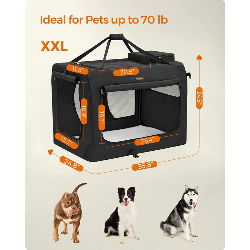 Black Portable Collapsible Pet Crate with Metal Frame and Handle, Storage Pockets