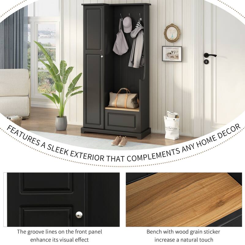Hall Tree with Flip-Up Storage Bench, Entryway Cabinet with Adjustable Shelves, Coat Hooks, Wood Shoe Cabinet for Hallway