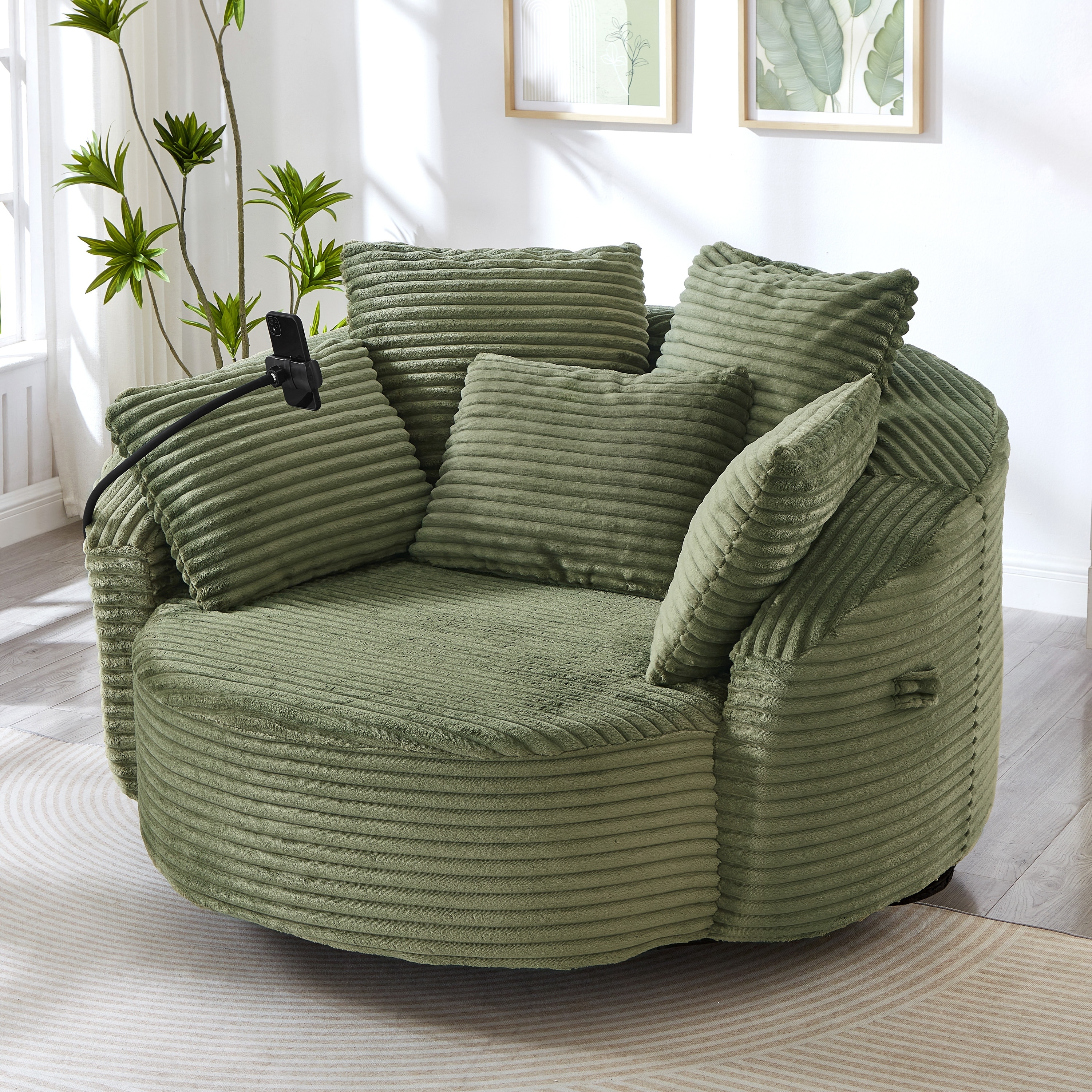 Roomfitters 360 Swivel Barrel Accent Chair with Adjustable Phone Holder and 5 Throw Pillows, Corduroy