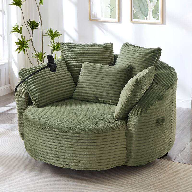 Roomfitters 360 Swivel Barrel Accent Chair with Adjustable Phone Holder and 5 Throw Pillows, Corduroy - Green
