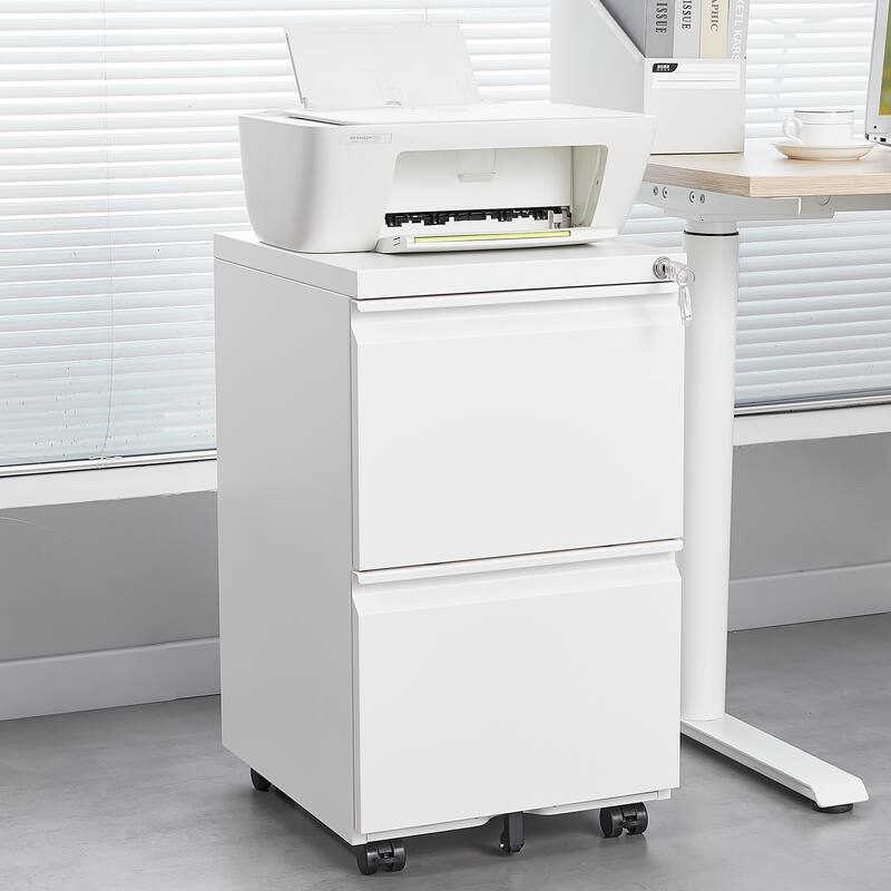 Modern File Cabinet Mobile File Cabinet Steel File Cabinet with 2 Drawers and Lock for Home Office, White