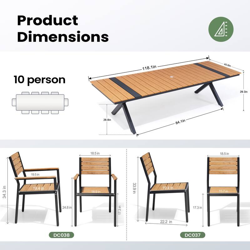 9/11PC Aluminum X Frame Outdoor Patio Dining Set Umbrella Hole Table with Stackable Chairs - N/A