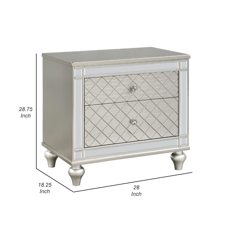 Cristo Nightstand, 2 Dovetail Drawers, Crystal Knobs, Champagne Silver