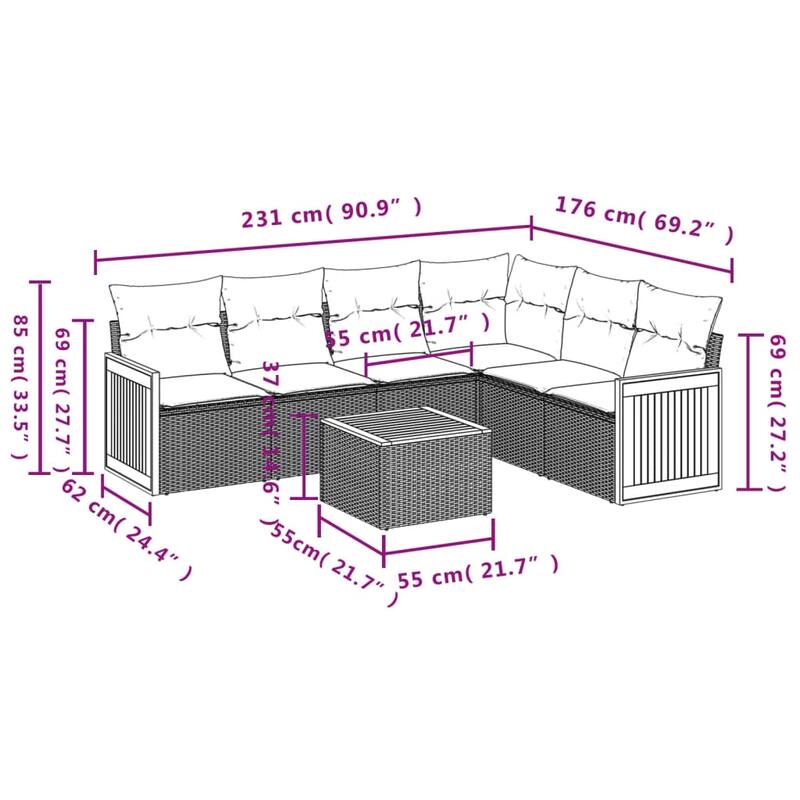 vidaXL 7 Piece Patio Sofa Set with Cushions Gray Poly Rattan - 91.0x27.2x69.3