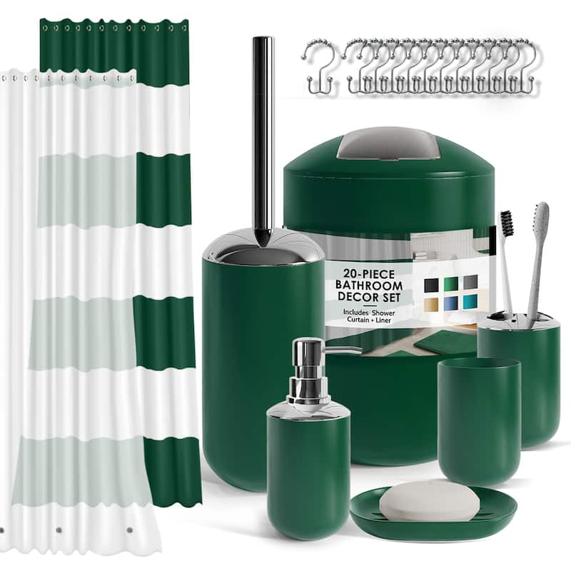 Clara Clark 20 Piece Complete Bathroom Accessories Kit with Shower Curtain Set - Hunter Green