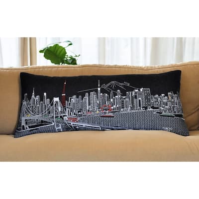 HomeRoots 35" Black Tokyo Nighttime Skyline Lumbar Decorative Pillow