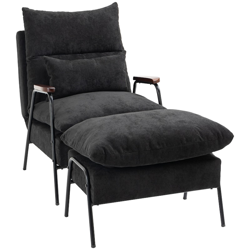HOMCOM Accent Chair with Ottoman, Reclining Comfy Chair with Adjustable Backrest, Steel Frame and Pillow, Light Grey