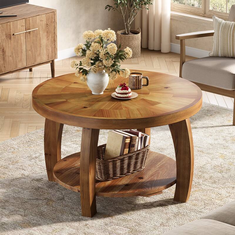 31.5 Inch Round Solid Wood Coffee Table with Storage Shelf for Living Room - 31.5"D x 31.5"W x 19.7"H