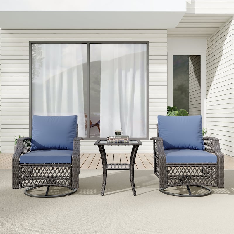 Outdoor Wicker Patio Set w Swivel Chairs & Sofa, Ottomans and Tables, Modular 3/5/6/7-Piece, All-Weather Conversation Set. - 3-Piece - Navy Blue