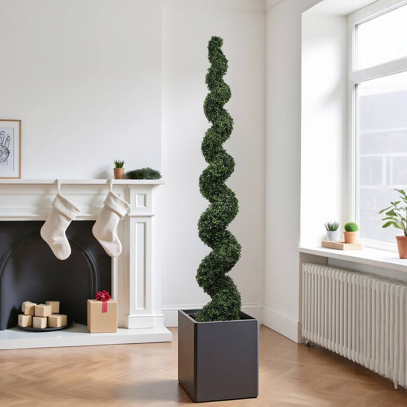 7FT Spiral Topiary Trees Artificial Outdoor Faux Boxwood Plants Large Twisted Green Potted Trees with Dark Green Leaves 1pc/set