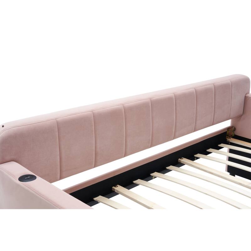 Twin Size Velvet Upholstered Daybed, Wood Sofa Bed Frame Daybed Couch with Trundle Bed and Wood Slat