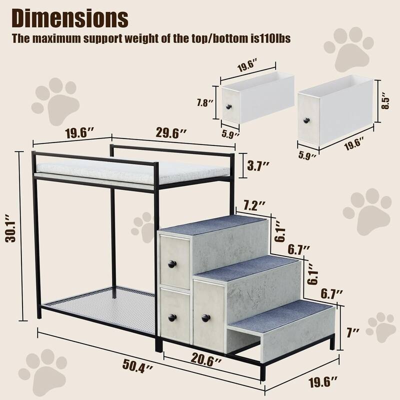 BOSSIN Multi-Level Pet Bunk Bed with Stairs & Storage - Foam-Upholstered Platform Dog/Cat Bed, Window Perch or Bedside Lounge