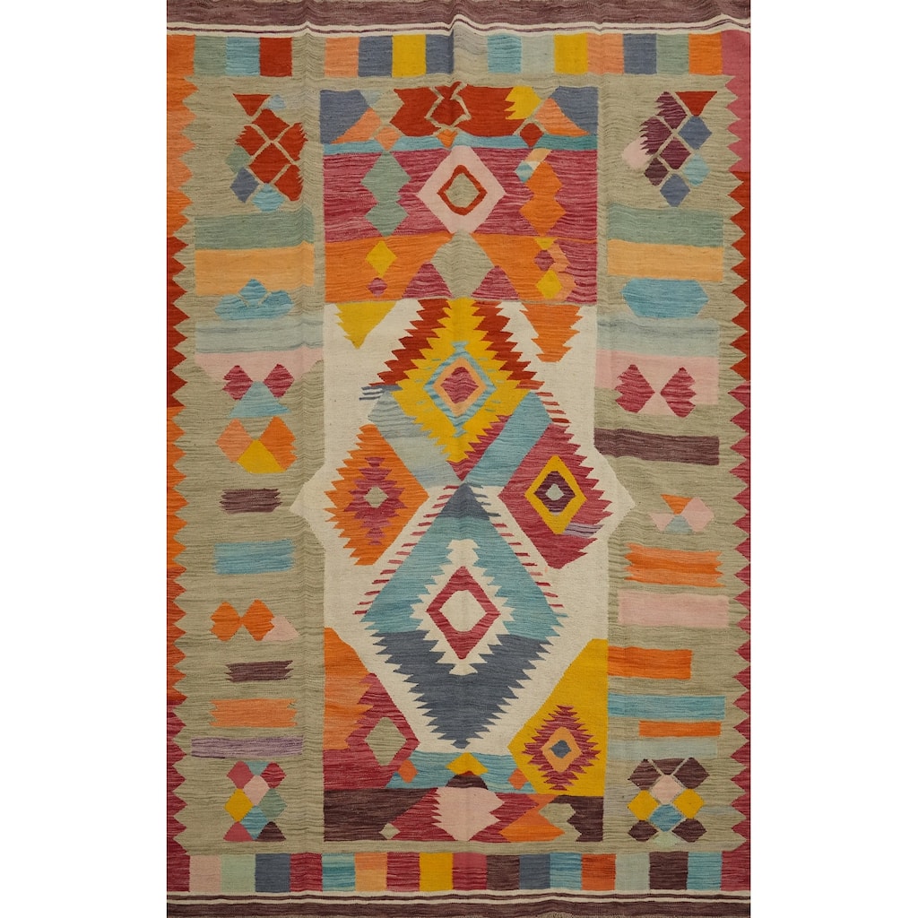 Hand Woven Oriental 100% Wool Carpet Southwestern Tribal Multi-Colored Kilim Area Rug - 9' 6'' X 6' 7''