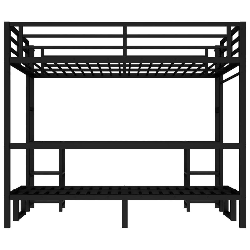 Roomfitters Queen Over Twin XL Metal Bunk Bed with Desk, Shelves, Foldable Sofa, LED Lighting & USB Ports, Black