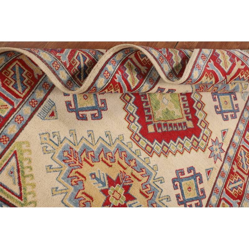 Geometric Kazak Oriental Area Rug Handmade Beige Wool Carpet - 3'11" x 6'0"