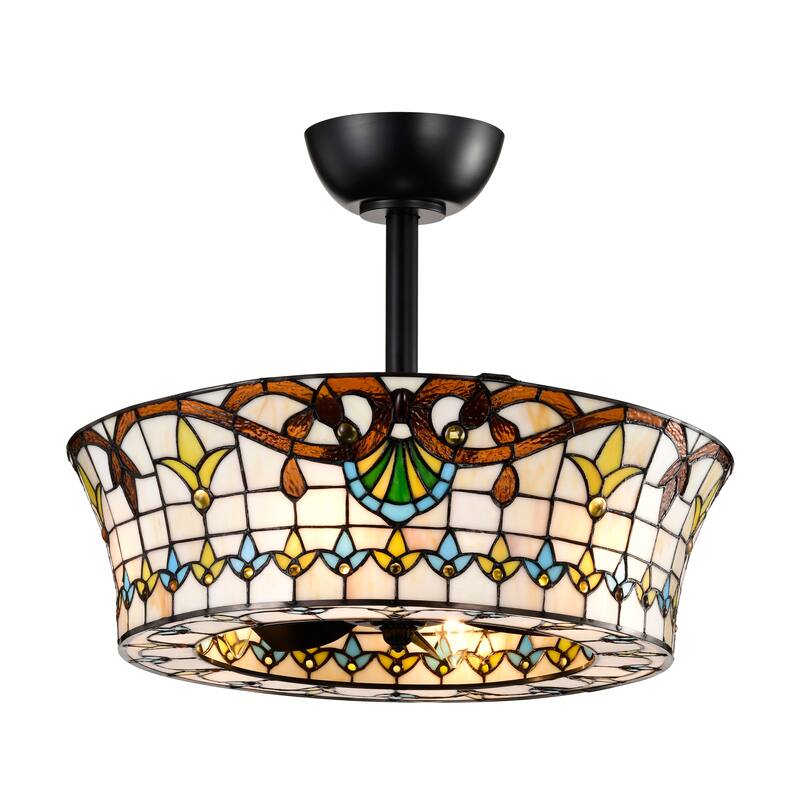 Fleur Carousel Ivory and Amber Tiffany Glass Lighted Ceiling Fan w Remote
