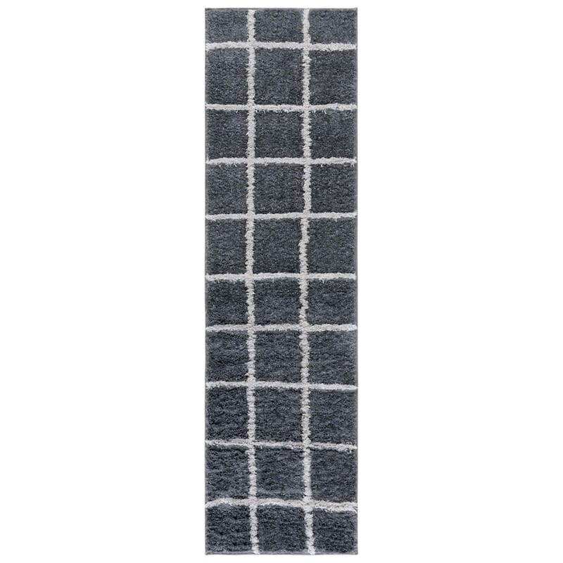 SAFAVIEH Norway Shag Hilah Checkered Grid 1.2-inch Thick Rug - 2'2" x 8' Runner - Dark Grey/Light Grey