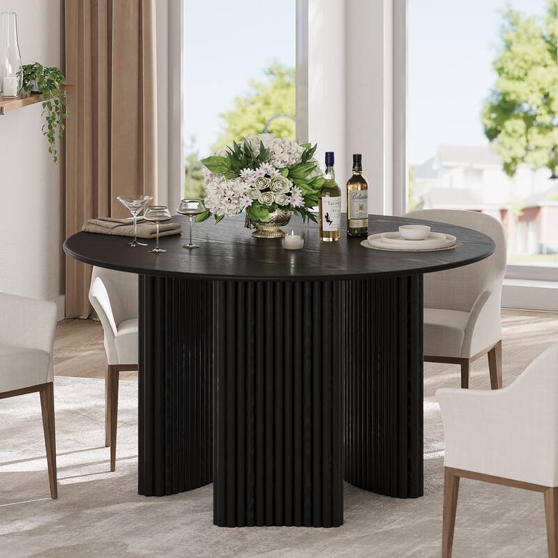 46" Round Dining Table Kitchen Table for 4 with Arc-Shaped Edge Top and Fluted Pedestal Legs for Living Room Dining Room Coffee