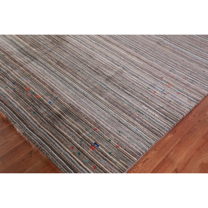 Striped Gabbeh Indian Area Rug Hand-Knotted Tribal Wool Carpet - 8'0" x 9'8"