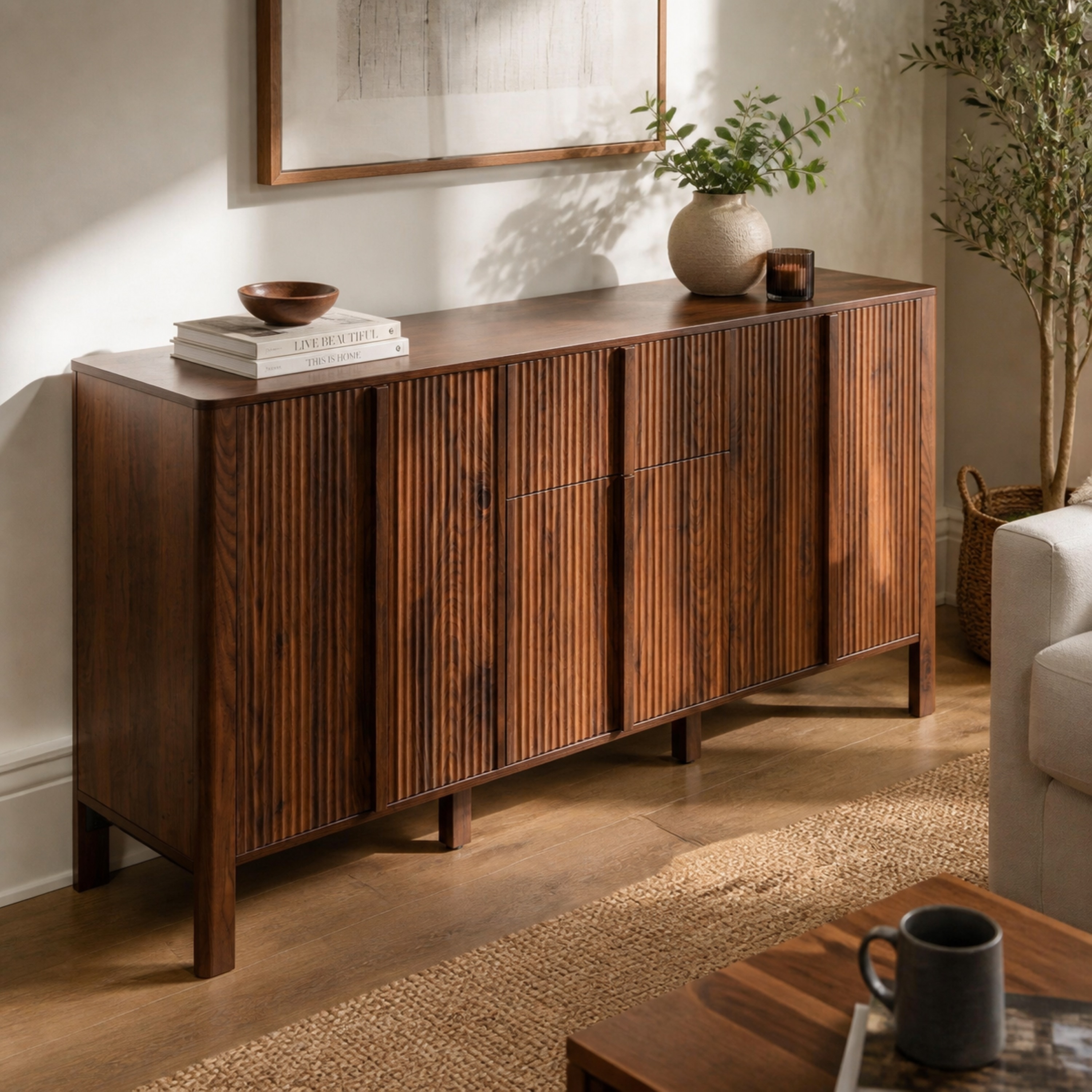 Christopher Knight Home - Hawthorne Sideboard Fluted MDF Storage Credenza with 3 Doors 1 Drawer and Adjustable Shelves