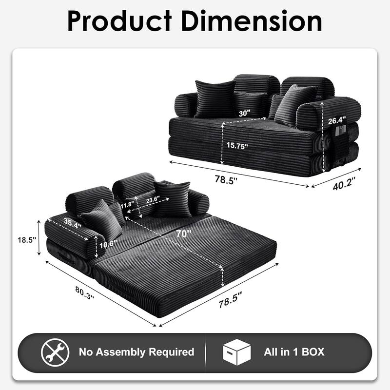 Convertible Sleeper Sofa Bed, 78.5" Corduroy Foldable Loveseat Sofa, King Size Floor Mattress Couch, No Assembly Required