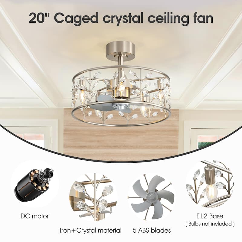 20" Glam Crystal Chandelier Caged Ceiling Fan with Light and Remote