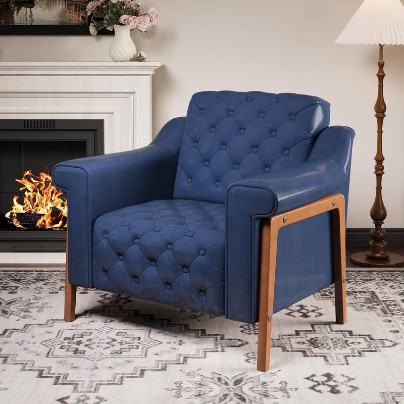 Cozy Accent Chair,PU Leather Modern Living Room Chairs,Mid-Century Office Reading Chair,Single Sofa,Armchair - Dark Blue