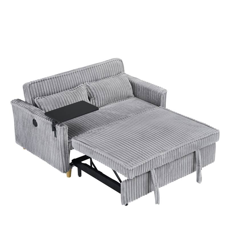 Gray Corduroy Pull-out Sofa with Movable Tabletop and USB Ports