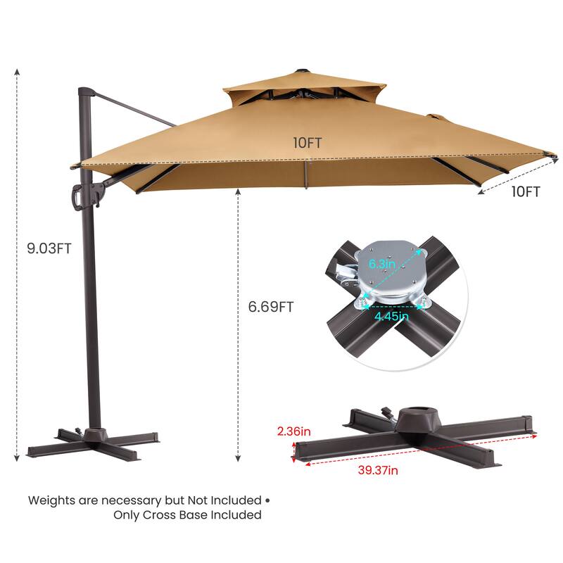 Deluxe 10' x 10' Outdoor Square Double Top Cantilever Umbrella, Base Not Included