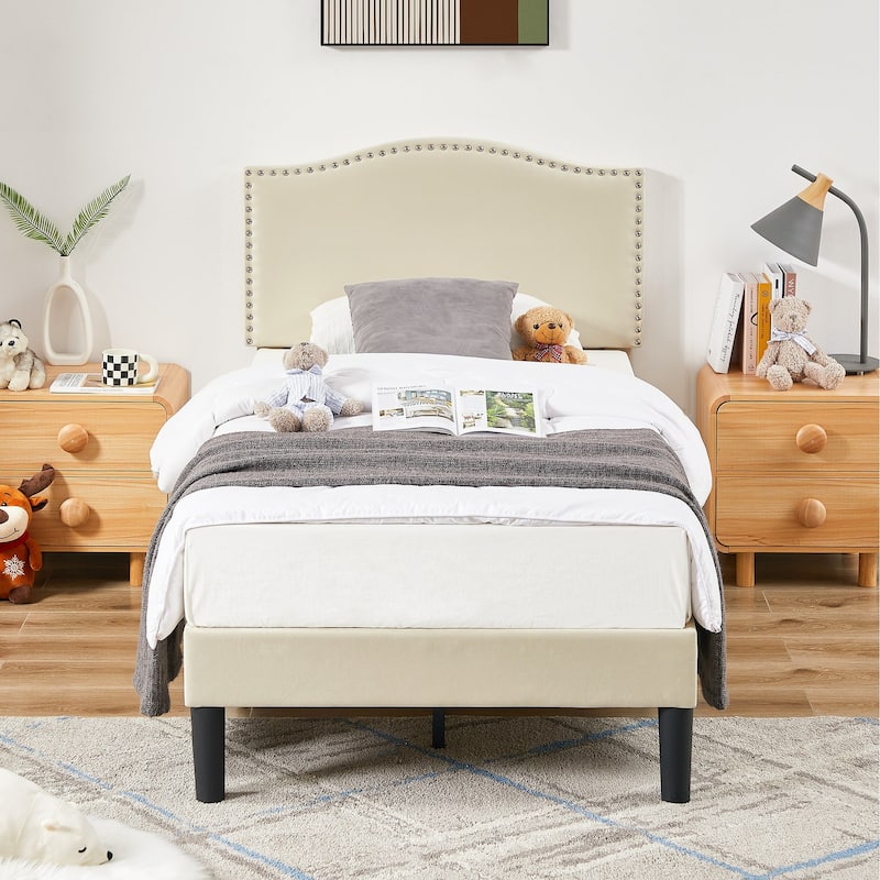 VECELO, Upholstered Platform Bed Frame with Nailhead Headboard- Twin/Full/Queen Size Bed-Beige - Beige - Twin
