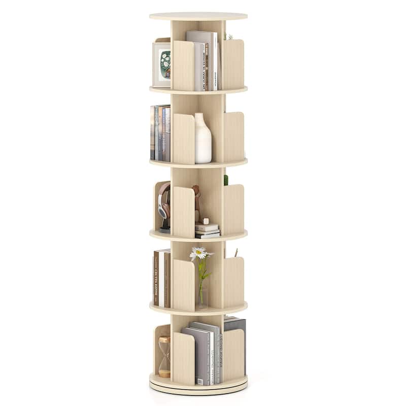 Space-Saving Freestanding 5-Shelf Rotating Bookcase with Swivel Base and Dividers Storage Tower - 15.5" x 15.5" x 63" - Natural