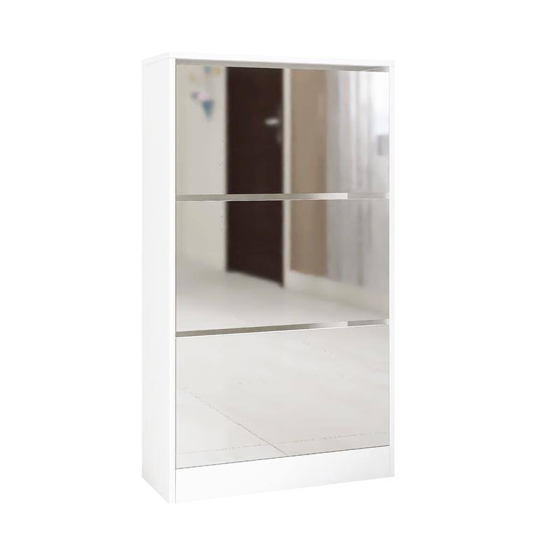 White 3-Tier Slim Shoe Storage Cabinet with Mirror