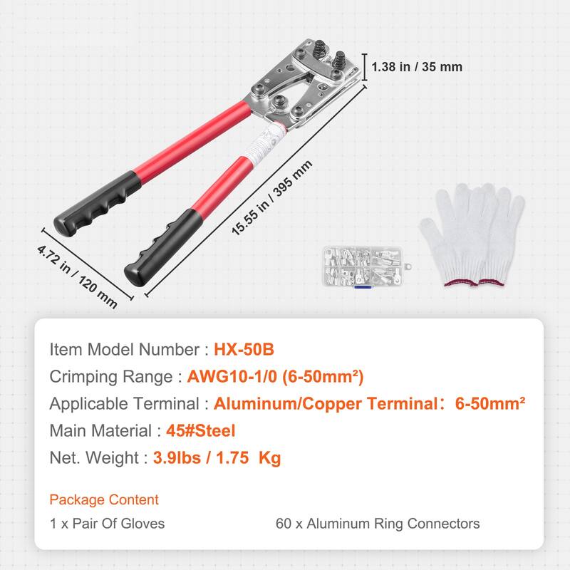 Battery Cable Lug Crimping Tool, 10-1/0 AWG with Heavy Duty Wire Lugs, with 60PCS Aluminum Ring Connectors Terminals