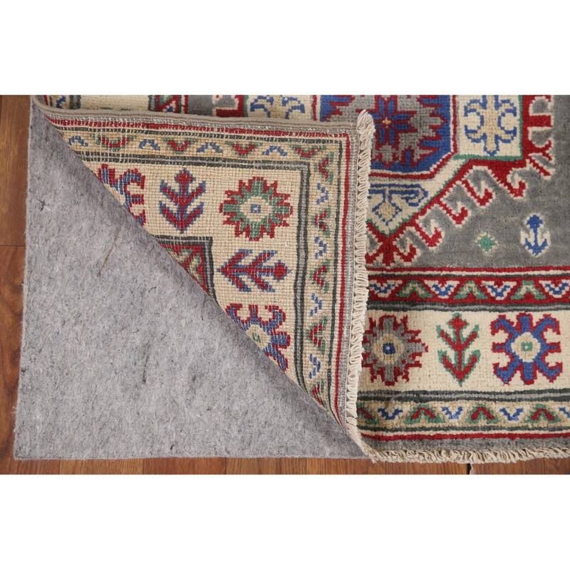 Hand Knotted Oriental 100% Wool Carpet Traditional Geometric Greys & Charcoal Kazak Runner Rug - 6' 7'' X 2' 7''
