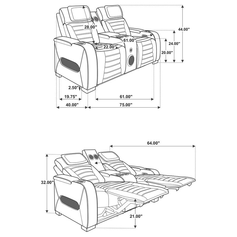 Zuma Faux Leather Dual Power LED Sofa Set Black