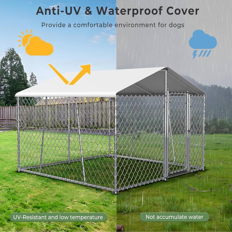 Outdoor Dog Kennel with Roof, Heavy Duty Chain Link Dog Kennel with Lock